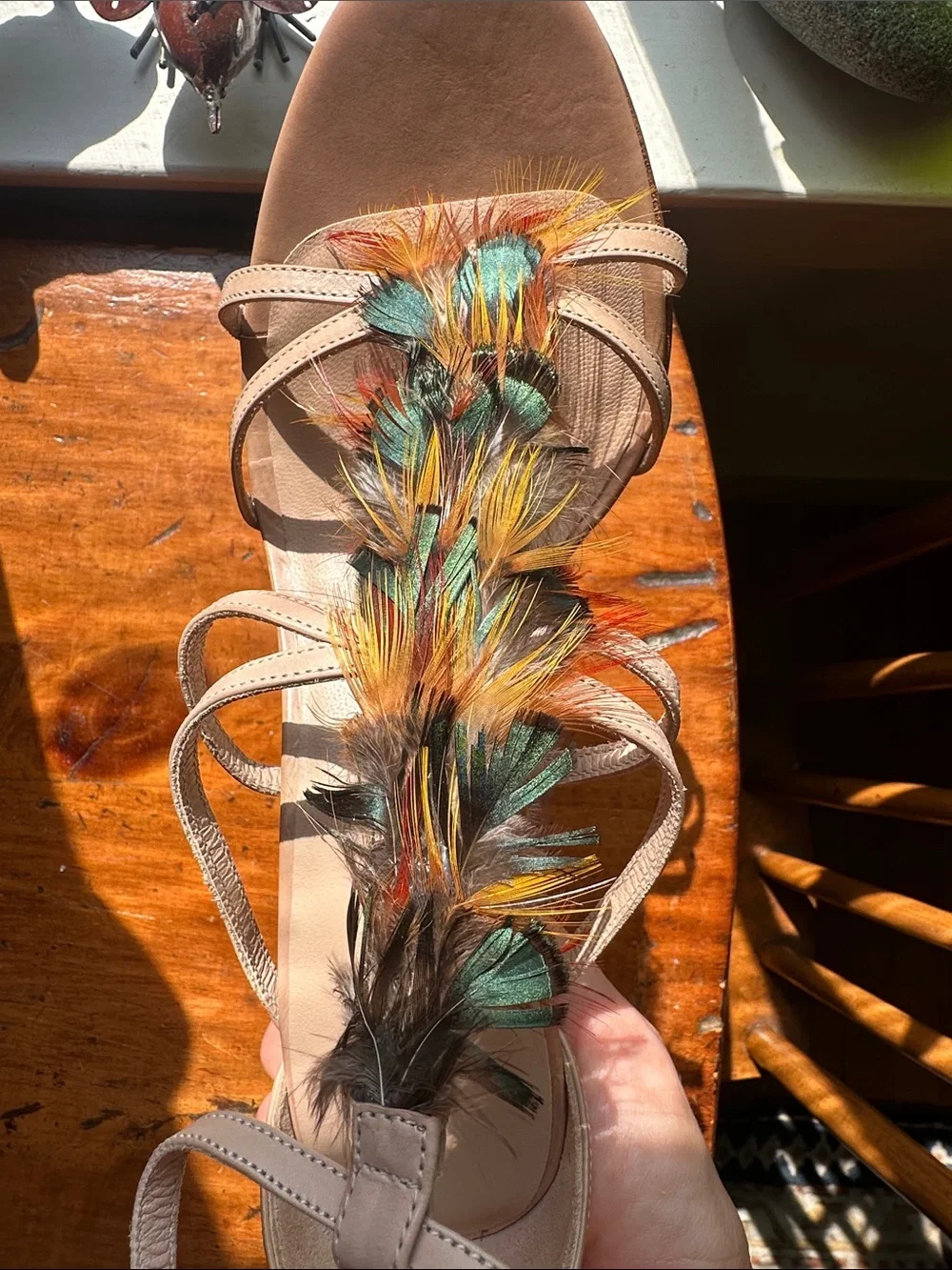 Pura Lopez Nude Strappy Sandals with Multicolor Eye-catching Feather Trim